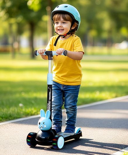 R for Rabbit Road Runner Bunny Kids Scooter, 3 Level Adjustable Height, Smart Fold & PU LED Wheels Kick Scooter with Brake for 3+ Years Kids, Weight Capacity Upto 75kgs (Black Blue)
