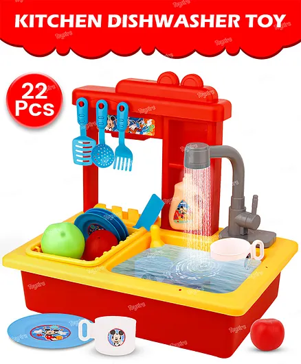 Toysire Kitchen Toy Sink Electronic Dishwasher Pretend Role Play Kitchen  Toys Set Mickey Mouse Print with Working Faucet and Dishes Playset(22 pcs) 