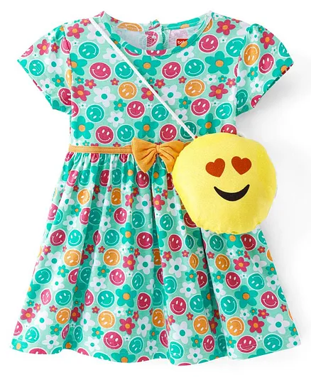 Babyhug Single Jersey Knit Half Sleeves Frock with Sling Bag  Floral Print & Bow Applique - Sea Green