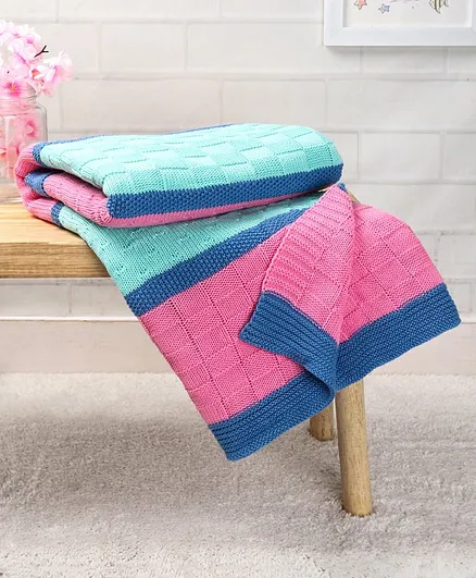 Babyhug Premium Cotton All Season Knitted Blanket - Blue & Dark Pink