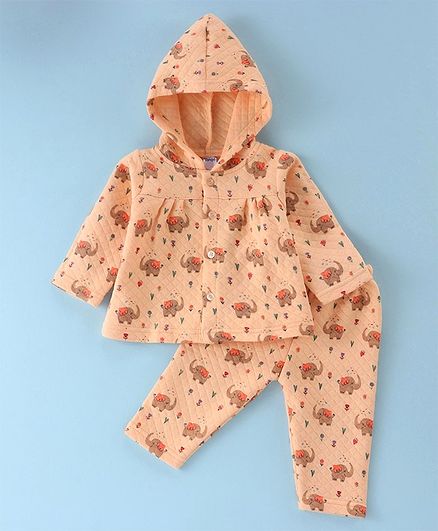 Tango Knit Full Sleeve Hooded Winter Wear Suits With Elephant Print- Peach