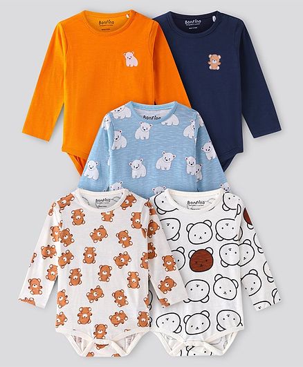 Bonfino 100% Cotton Knit Full Sleeves Onesies Bear Print Pack Of 5 - Orange & Blue