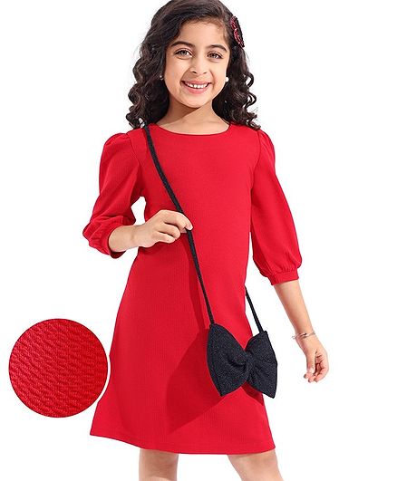 Hola Bonita Knit Three Fourth Sleeves Frock in Textured Fabric with Sling Bag - Red