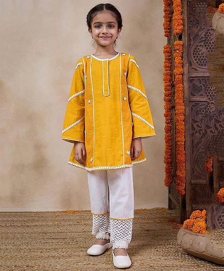 Pspeaches Cotton  Full Sleeves Striped & Lace Embellished  Kurta With Pant   - Yellow