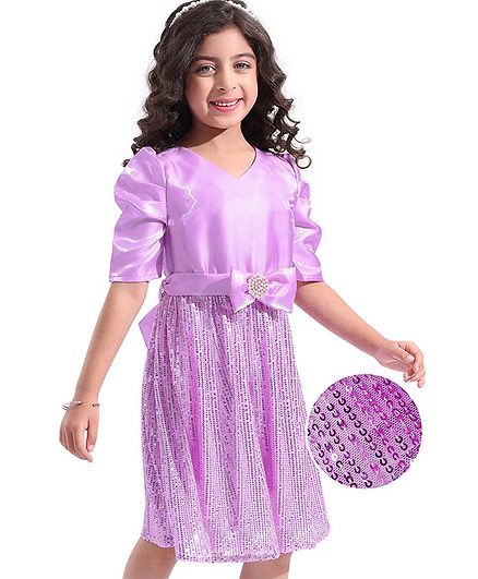 Hola Bonita Puff Sleeves Satin Sequined Party Frock with Bow Applique - Lilac