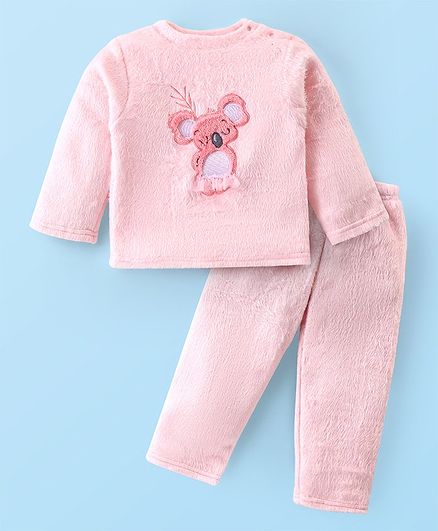 Babyhug Velour Knit Full Sleeves Winter Wear Night Suit With Koala Applique - Light Pink