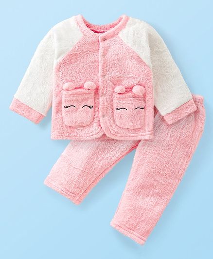 Babyhug Velour Knit Raglan Sleeves Front Open Winter Night Suit - Pink