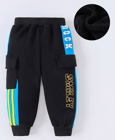 Kookie Kids Full Length Track Pants with Pockets & Text Print - Black