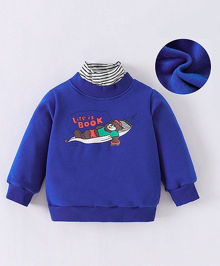 Kookie Kids Full Sleeves Turtle Neck Winter T-Shirt with Bear & Text Print - Blue