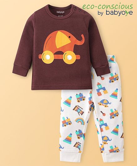 Babyoye Cotton Knit Full Sleeves Thermal Vest & Pant Set with Toy Print - Brown & White