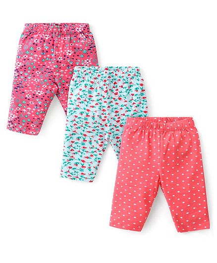 Babyhug Cotton Lycra Knit Three Fourth Leggings with Polka Dots & Floral Print Pack of 3 - Multicolour