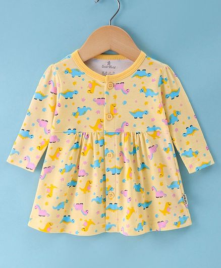 Child World Interlock Knit Full Sleeves Front Open Frock with Dino Print - Yellow