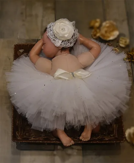 TINY MINY MEE Bow Detailed Shimmer Tutu Skirt & Floral Lace Applique Headband Set - White