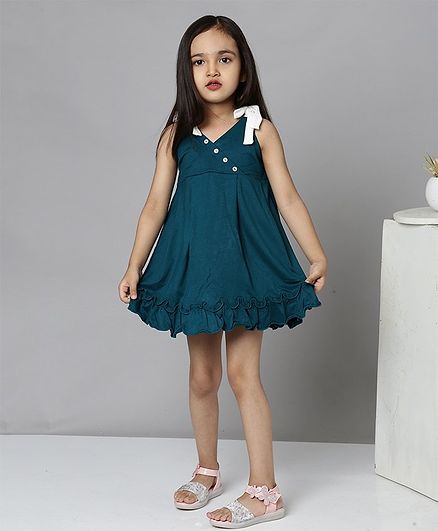 ShopperTree Cotton  Sleeveless Bow Detailed  Fit And Flare Dress - Dark Green