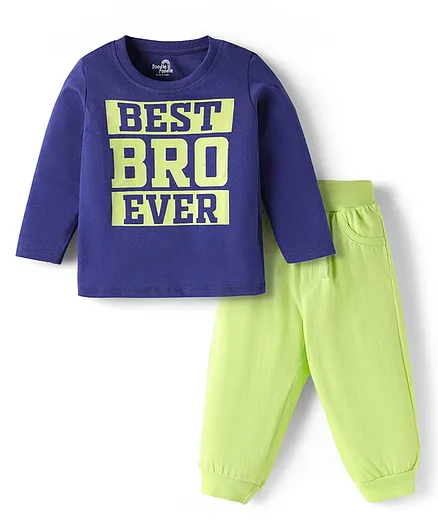 Doodle Poodle Cotton Knit Full Sleeves T-Shirt & Lounge Pants Set With Text Print - Blue & Green
