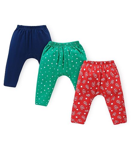 Doodle Poodle Interlock Cotton Full Length Diaper Leggings With Star Print Pack of 3 - Navy Blue Red & Green