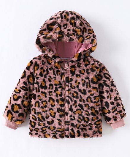 Kookie Kids Full Sleeves Front Open Hooded Fur Jacket With Cheetah Print Design - Multicolour