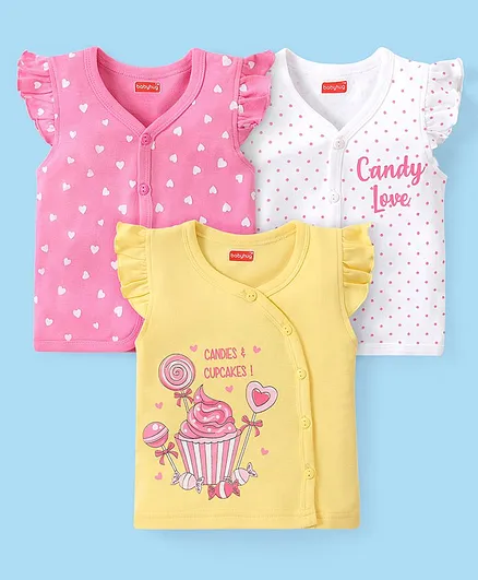 Babyhug 100% Cotton Knit Frill Sleeves Front Open Jhablas with Heart & Candies Print Pack Of 3 - Multicolour