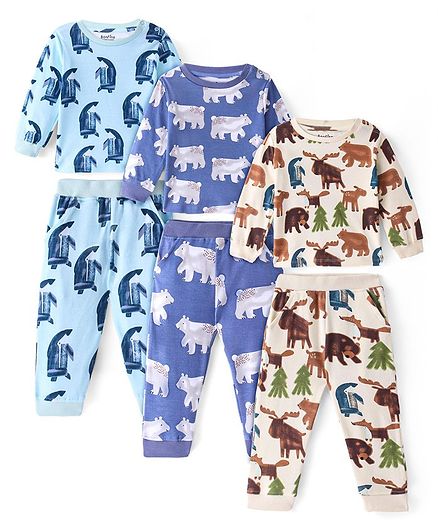 Bonfino 100% Cotton Knit Full Sleeves T-Shirts & Joggers Co-Ord Set With Animals Print Pack Of 3 - Blue Off White & Aqua