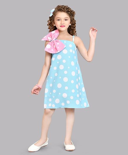 PinkChick Sleeveless Polka Dots Printed & Bow Detailed Dress - Blue