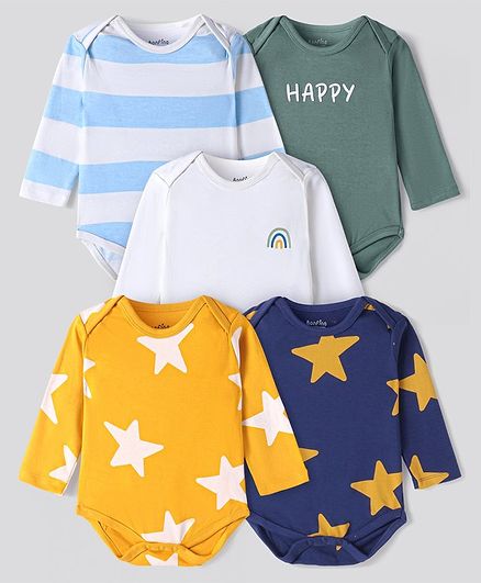 Bonfino 100% Cotton Knit Full Sleeves Onesies Star Print Pack Of 5 - White Yellow & Navy Blue