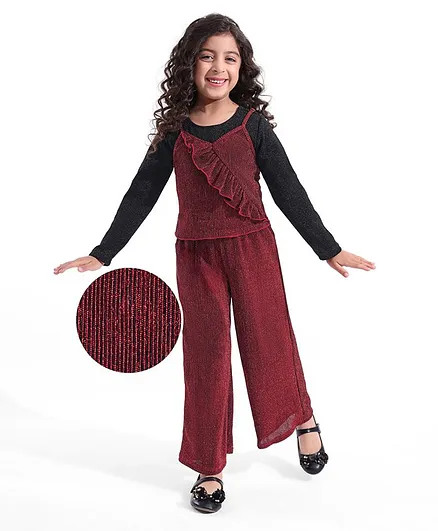 Hola Bonita Half Sleeves Shimmered Frill Detailed Top  & Pant Set with Inner Full Sleeves T-Shirt - Red