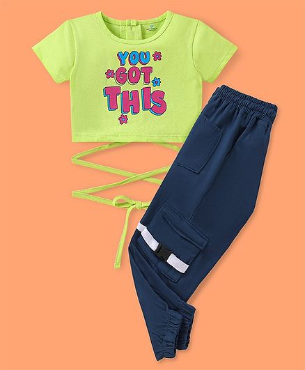 Ollington St. 100% Cotton Knit Half Sleeves Text Printed Top & Cargo Joggers Set With Text Print - Lime Green & Navy