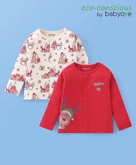 Babyoye 100% Cotton With Eco Jiva Finish Full Sleeves Vest With Christmas Theme Pack of 2- Off White & Red