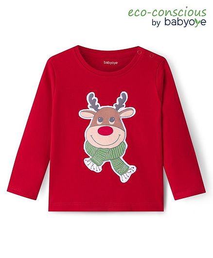 Babyoye 100% Cotton Interlock Knit Eco Jiva Finish Full Sleeves T-Shirt with Reindeer Patch  - Red