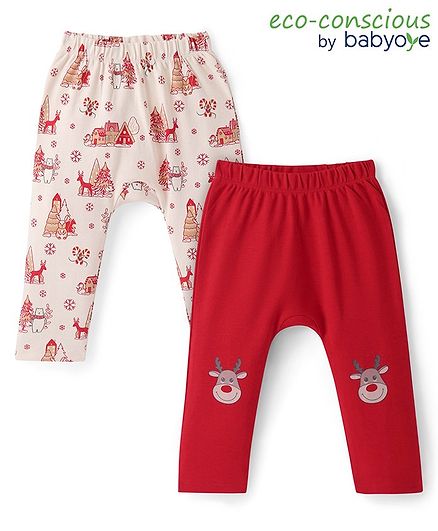 Babyoye 100% Cotton Interlock With Eco Jiva Finish Diaper Leggings with Christmas Theme Print Pack of 2 - White & Red