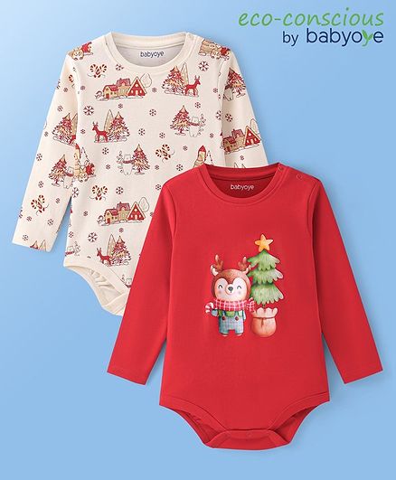 Babyoye 100% Cotton With Eco Jiva Finish Full Sleeves Onesies Christmas Theme Pack of 2 - Red