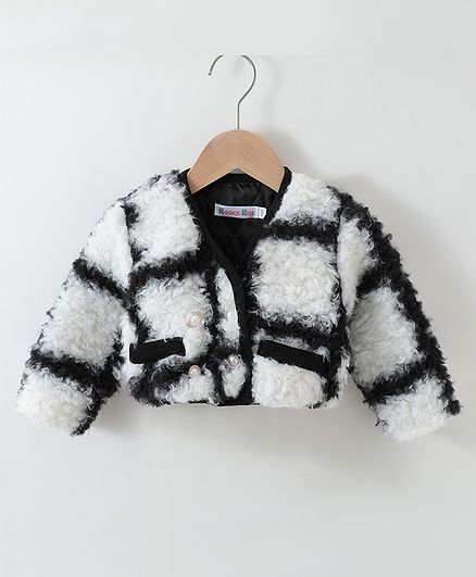 Kookie Kids Full Sleeves Winter Jacket With Checks Design & Pearl Detailing - Black