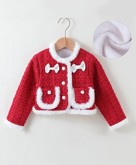 Kookie Kids Full Sleeves Winter Jacket With Bow Applique & Pearl Detailing - Maroon