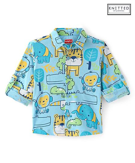 Babyhug Cotton Knit Full Sleeves Animal Printed Shirt - Blue