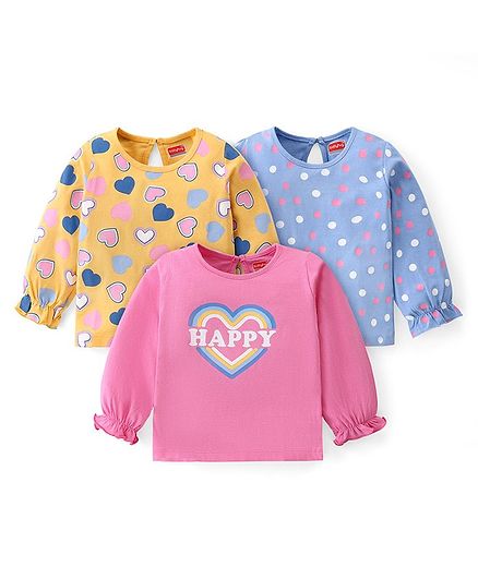 Babyhug Cotton Knit Full Sleeves Top with Heart & Polka Dot Print Pack of 3 - Multicolor