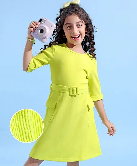 Hola Bonita Half Sleeves Knee Length A Line Rib Fabric Frock with Pocket Detailing - Green