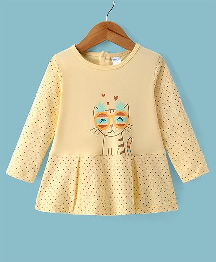 Tango Single Jersey Knit Full Sleeves Drop Waist Frock Cat & Heart Print - Yellow