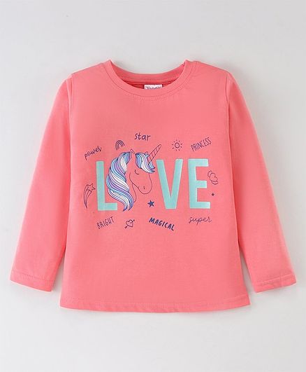 Tango Single Jersey Knit Full Sleeves T-Shirt with Unicorn & Text Print - Coral