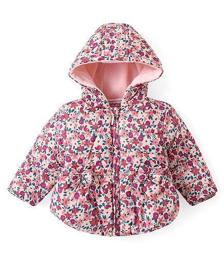 Babyhug Woven Full Sleeves Front Open Padded Hooded Jacket with Floral Print & Bow Applique - Pink