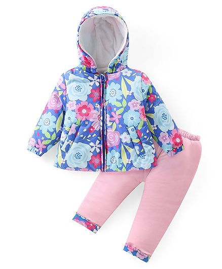 Babyhug Woven  Full Sleeves Hooded Puffer Winter Wear Suit With Floral Print - Multicolor