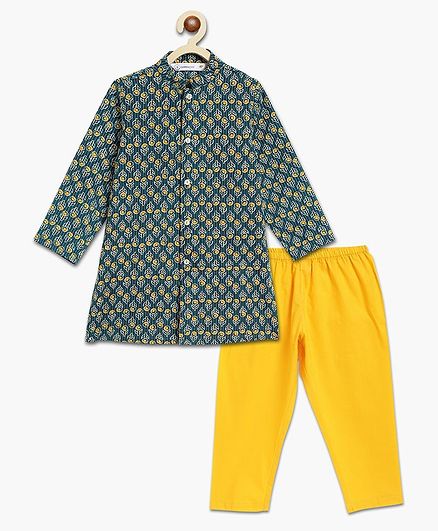 Campana 100% Cotton Full Sleeves Floral Printed Button Down Kurta With Pyjama Set - Teal & Yellow