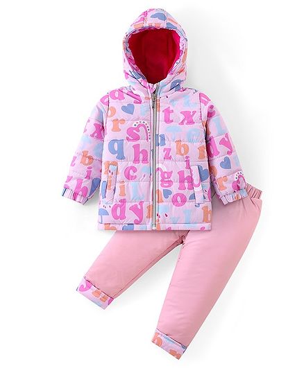 Babyhug Full Sleeves Front Zipper Hooded Winter Wear Suit With Alphabets Print - Pink