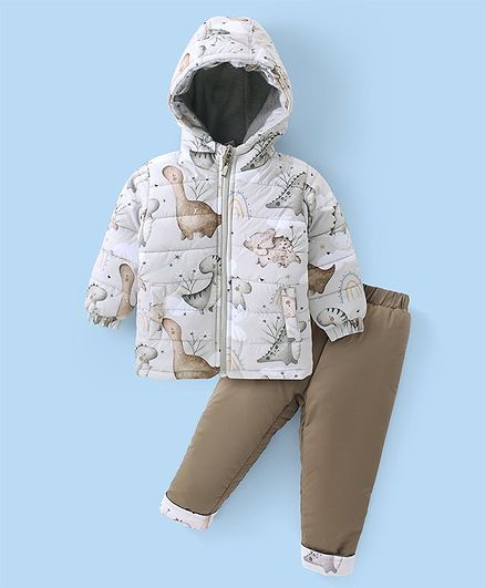 Babyhug Full Sleeves Hooded Front Zipper Padded Winter Wear Suit With Dino Print - Beige