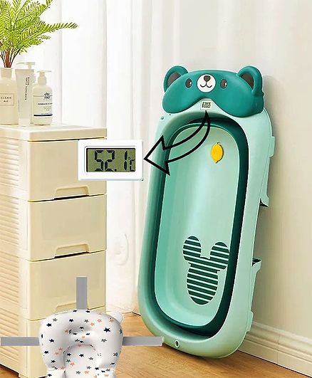 BabyTeddy Patented New Improved 2023 Model Large Baby Bath Tub Collapsible, Anti Skid with Bath Cushion and Thermometer (Temperature Indicator, Turquoise Blue)