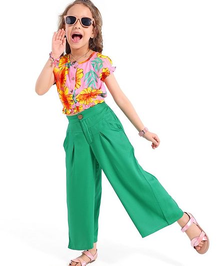 Ollington St. Woven Half Sleeves Floral Printed Top & Solid Color Culottes Set - Multicolor