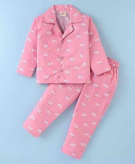 Rikidoos Cotton Woven Full Sleeves Chick Printed Night Suit - Pink