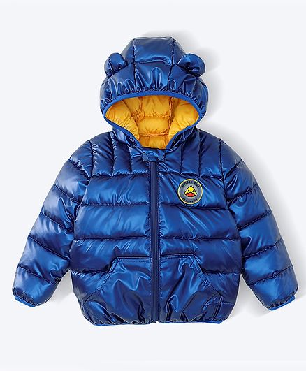 Kookie Kids Full Sleeves Front Open Padded Hooded Quilted Jacket With Duck Patch & Ears Applique - Royal Blue