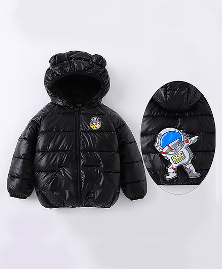 Kookie Kids Full Sleeves Padded Hooded Jacket with Astronaut Patch Detailing - Black