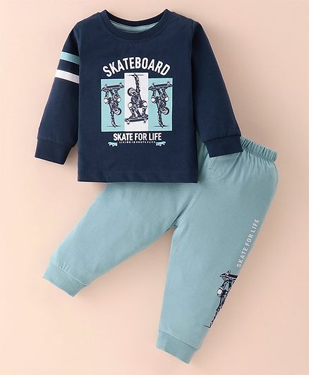 Cucumber Sinker Knit Full Sleeves T-Shirt & Lounge Pants Set With Skateboarding Print - Blue