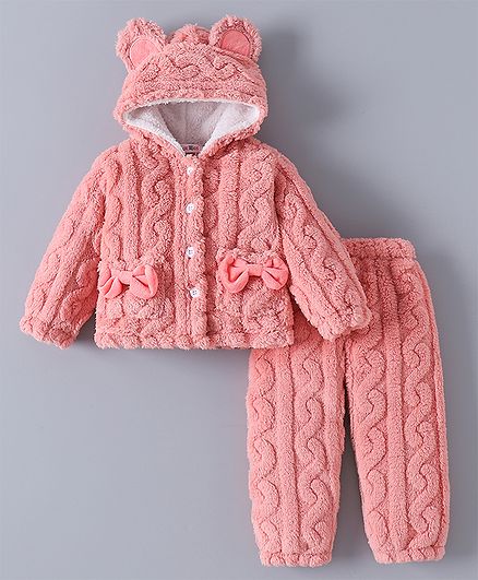 Kookie Kids Full Sleeves Hooded Winter Night Suit with Bow Applique - Pink